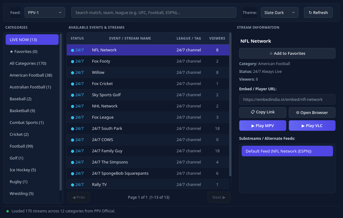 Tampilan LiveDeck: sidebar kategori (Live Now, Favorites, 12 kategori olahraga), tabel event dengan status dan jumlah penonton, panel detail stream dengan tombol Play MPV/VLC.